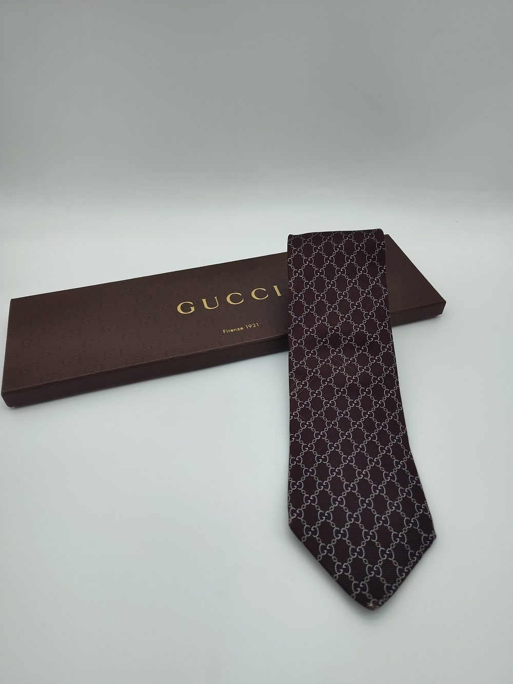GUCCI Men's Silk Tie Brown GG Monogram Chain Print Made in Italy w/ Box NWOT NIB